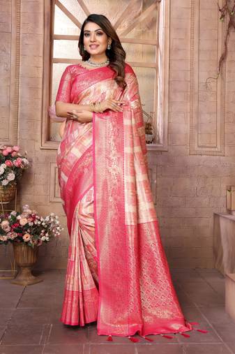 Pink Faux Banarasi Saree With Jari Weaving Border And Weaving Rich Pallu With Contrast  Blouse
