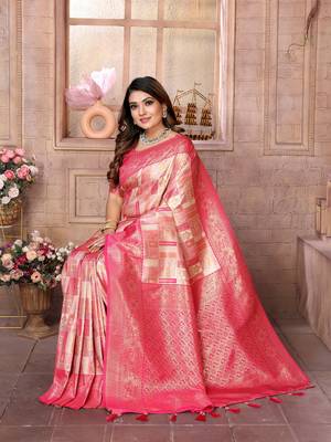 Pink Faux Banarasi Saree With Jari Weaving Border And Weaving Rich Pallu With Contrast  Blouse 3
