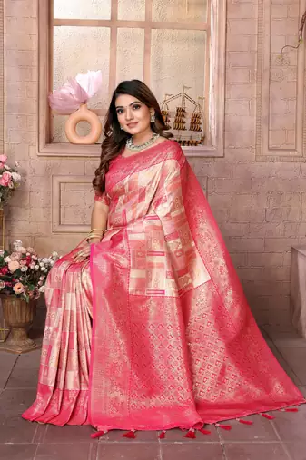 Pink Faux Banarasi Saree With Jari Weaving Border And Weaving Rich Pallu With Contrast  Blouse