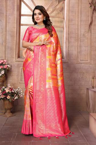 Yellow Faux Banarasi Saree With Jari Weaving Border And Weaving Rich Pallu With Contrast  Blouse