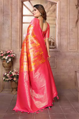 Yellow Faux Banarasi Saree With Jari Weaving Border And Weaving Rich Pallu With Contrast  Blouse