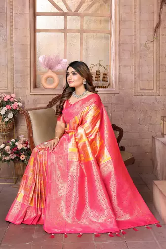 Yellow Faux Banarasi Saree With Jari Weaving Border And Weaving Rich Pallu With Contrast  Blouse