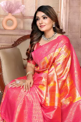 Yellow Faux Banarasi Saree With Jari Weaving Border And Weaving Rich Pallu With Contrast  Blouse