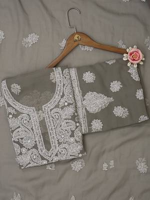 hand embroidered grey georgette lucknowi chikankari unstitched suit piece  1