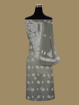 hand embroidered grey georgette lucknowi chikankari unstitched suit piece  2