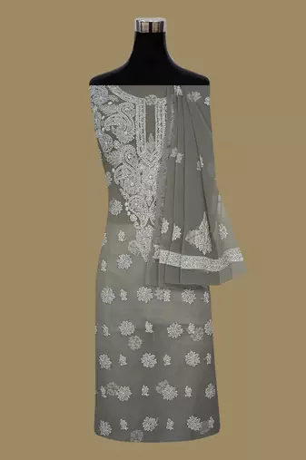 hand embroidered grey georgette lucknowi chikankari unstitched suit piece 