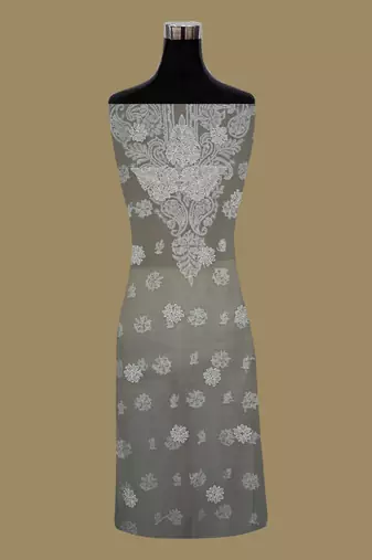 hand embroidered grey georgette lucknowi chikankari unstitched suit piece 