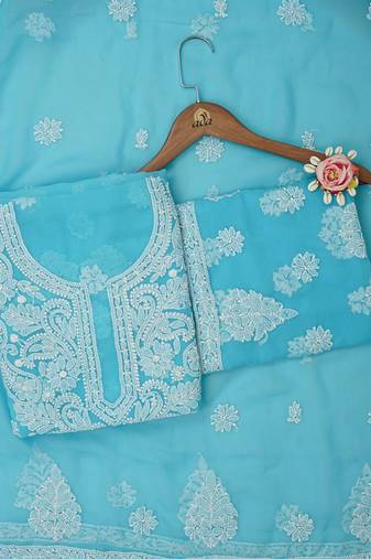 hand embroidered blue georgette lucknowi chikankari unstitched suit piece 