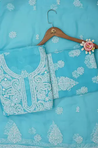 hand embroidered blue georgette lucknowi chikankari unstitched suit piece 