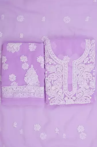 hand embroidered lavender georgette lucknowi chikankari unstitched suit piece 
