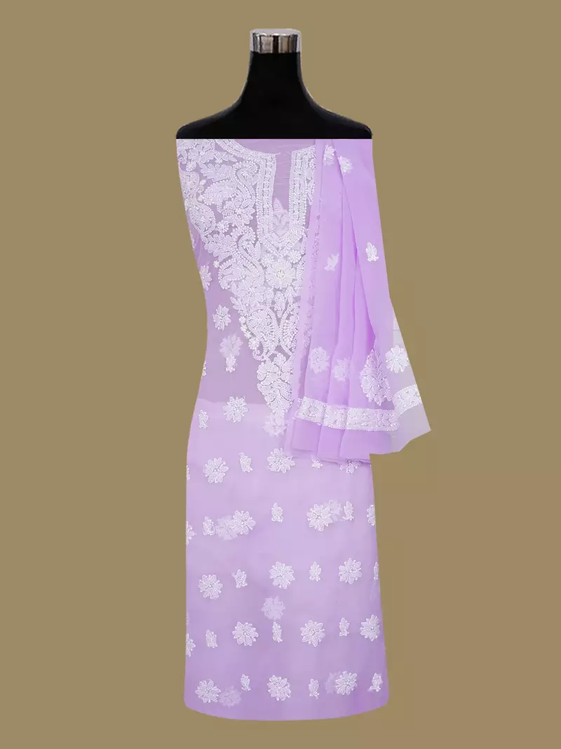 hand embroidered lavender georgette lucknowi chikankari unstitched suit piece 