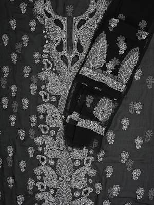 hand embroidered black georgette lucknowi chikankari unstitched suit piece  2