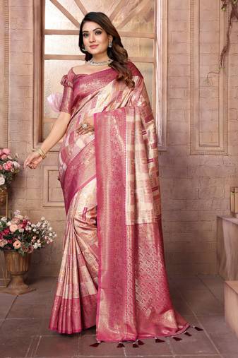 Cream Faux Banarasi Saree With Jari Weaving Border And Weaving Rich Pallu With Contrast  Blouse
