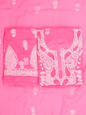  hand embroidered pink georgette lucknowi chikankari unstitched suit piece  1