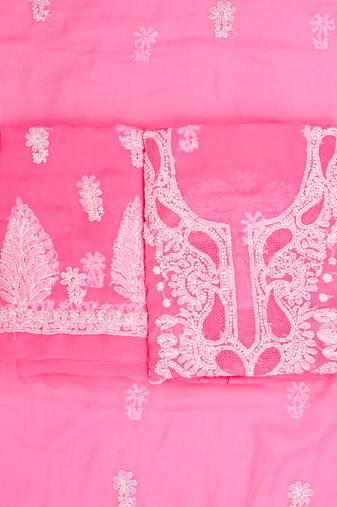  hand embroidered pink georgette lucknowi chikankari unstitched suit piece 