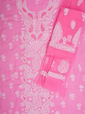  hand embroidered pink georgette lucknowi chikankari unstitched suit piece  2