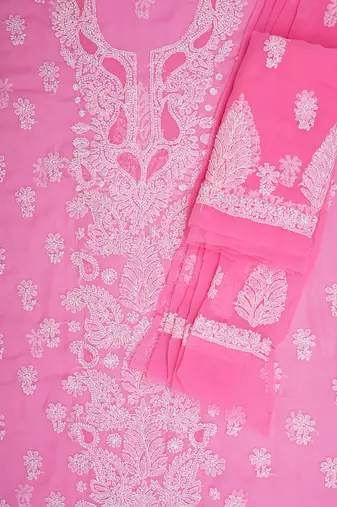  hand embroidered pink georgette lucknowi chikankari unstitched suit piece 