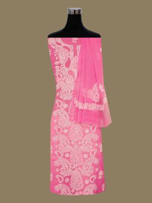  hand embroidered pink georgette lucknowi chikankari unstitched suit piece  3