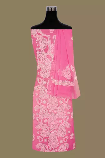  hand embroidered pink georgette lucknowi chikankari unstitched suit piece 