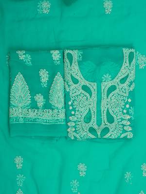 hand embroidered rama green georgette lucknowi chikankari unstitched suit piece  1