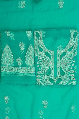 hand embroidered rama green georgette lucknowi chikankari unstitched suit piece 