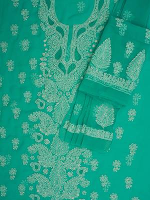 hand embroidered rama green georgette lucknowi chikankari unstitched suit piece  2