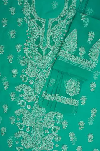 hand embroidered rama green georgette lucknowi chikankari unstitched suit piece 