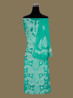 hand embroidered rama green georgette lucknowi chikankari unstitched suit piece  3
