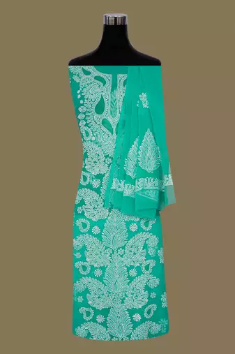 hand embroidered rama green georgette lucknowi chikankari unstitched suit piece 