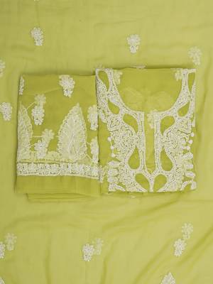 hand embroidered mehandi green georgette lucknowi chikankari unstitched suit piece  1