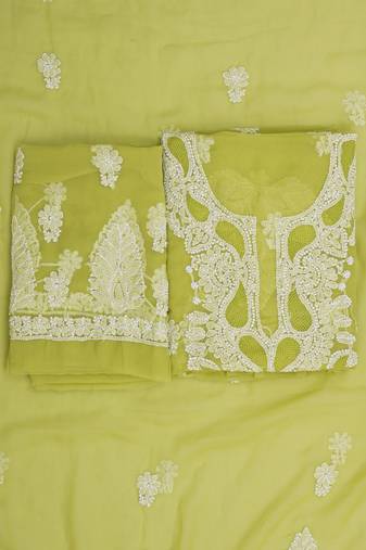 hand embroidered mehandi green georgette lucknowi chikankari unstitched suit piece 