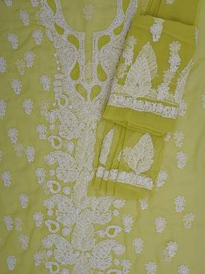 hand embroidered mehandi green georgette lucknowi chikankari unstitched suit piece  2