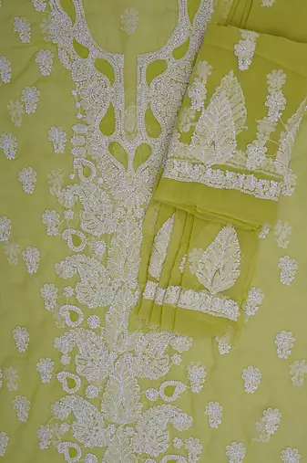 hand embroidered mehandi green georgette lucknowi chikankari unstitched suit piece 