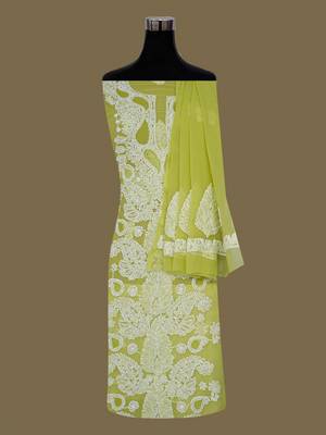 hand embroidered mehandi green georgette lucknowi chikankari unstitched suit piece  3