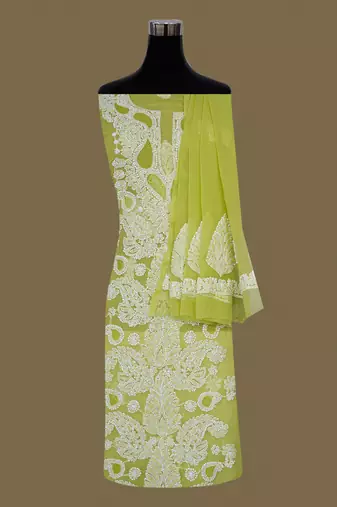 hand embroidered mehandi green georgette lucknowi chikankari unstitched suit piece 