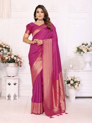 Pink Soft Silk Saree With Jari Weaving Border And Weaving Rich Pallu With Contrast  Blouse 1