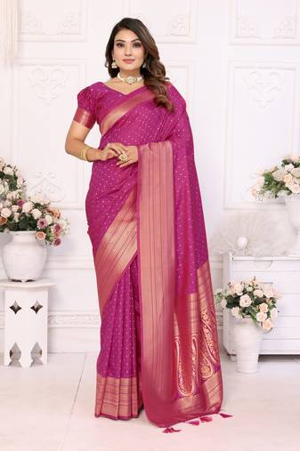 Pink Soft Silk Saree With Jari Weaving Border And Weaving Rich Pallu With Contrast  Blouse