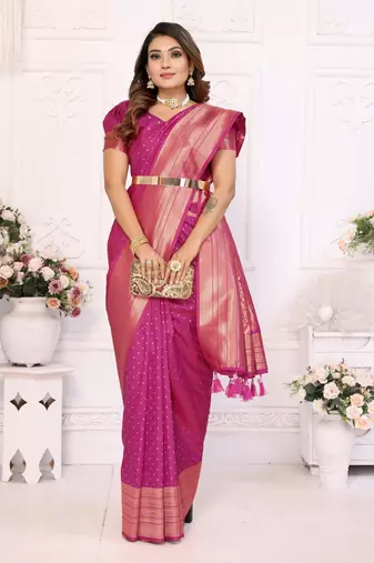 Pink Soft Silk Saree With Jari Weaving Border And Weaving Rich Pallu With Contrast  Blouse