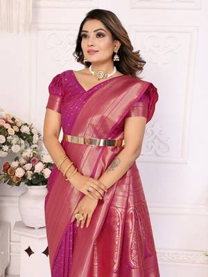 Pink Soft Silk Saree With Jari Weaving Border And Weaving Rich Pallu With Contrast  Blouse 4