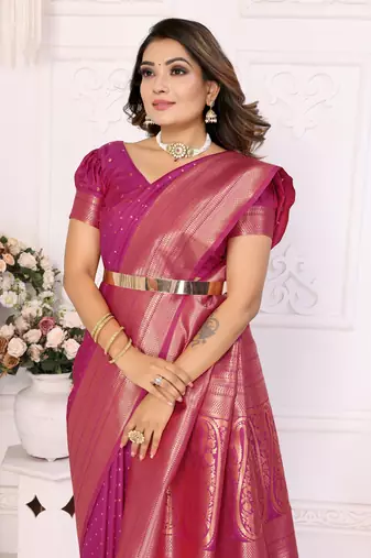 Pink Soft Silk Saree With Jari Weaving Border And Weaving Rich Pallu With Contrast  Blouse