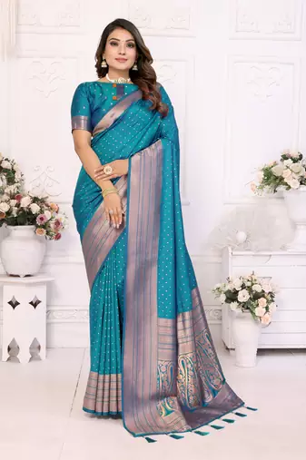 Teal Soft Silk Saree With Jari Weaving Border And Weaving Rich Pallu With Contrast  Blouse