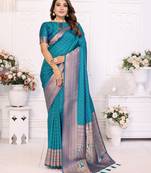 Teal Soft Silk Saree With Jari Weaving Border And Weaving Rich Pallu With Contrast  Blouse