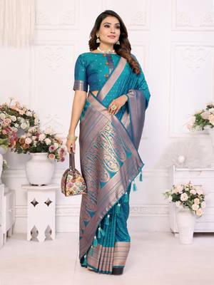 Teal Soft Silk Saree With Jari Weaving Border And Weaving Rich Pallu With Contrast  Blouse 2