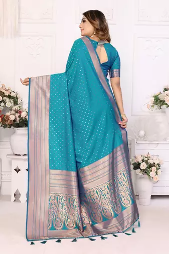 Teal Soft Silk Saree With Jari Weaving Border And Weaving Rich Pallu With Contrast  Blouse