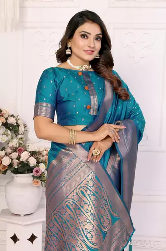 Teal Soft Silk Saree With Jari Weaving Border And Weaving Rich Pallu With Contrast  Blouse