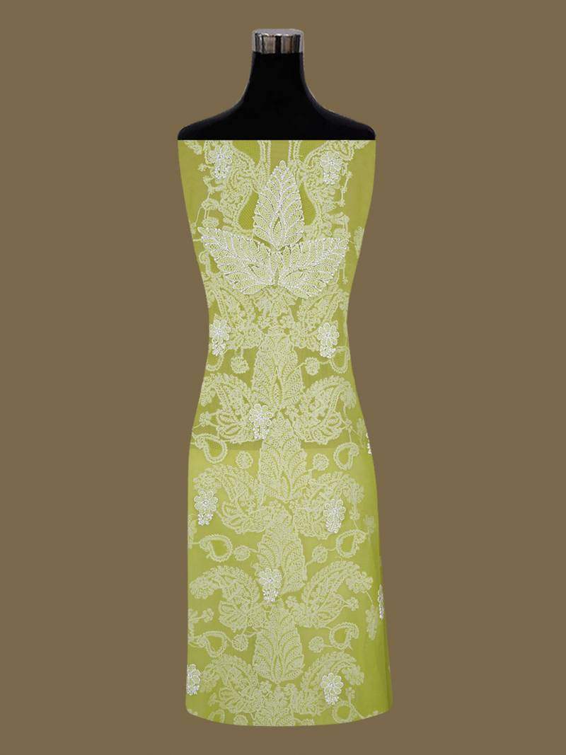 hand embroidered mehandi green georgette lucknowi chikankari unstitched suit piece 