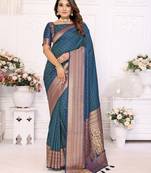 Blue Soft Silk Saree With Jari Weaving Border And Weaving Rich Pallu With Contrast  Blouse