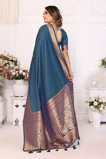 Blue Soft Silk Saree With Jari Weaving Border And Weaving Rich Pallu With Contrast  Blouse
