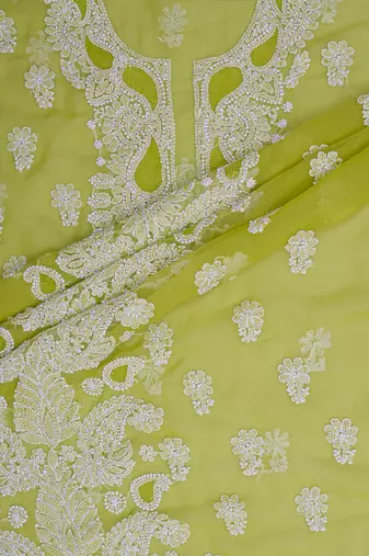 hand embroidered mehandi green georgette lucknowi chikankari unstitched suit piece 