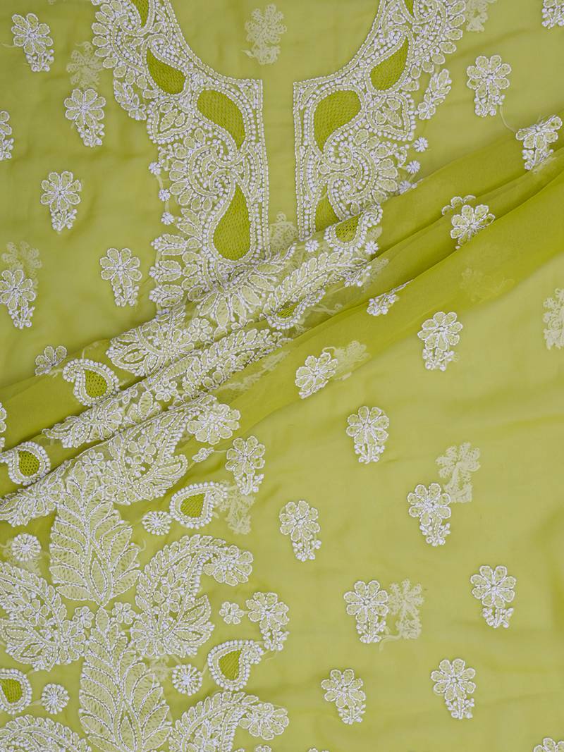 hand embroidered mehandi green georgette lucknowi chikankari unstitched suit piece 